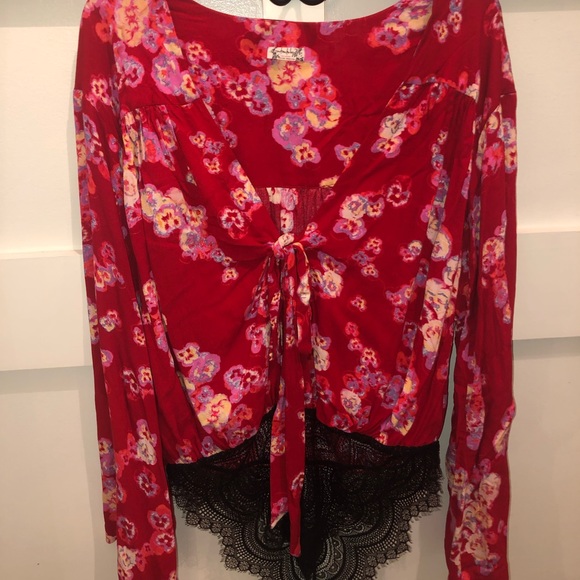 Free People Bodysuit Red Floral M Lace Tie Top - Picture 6 of 7